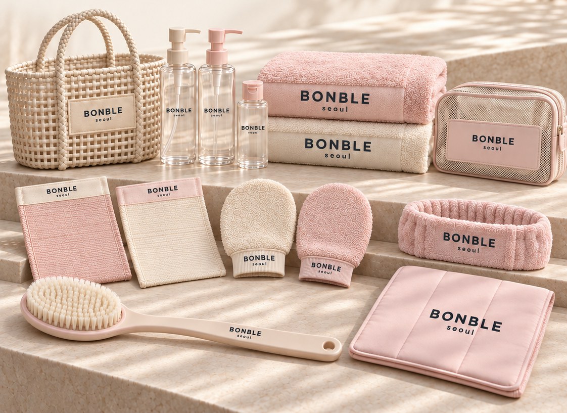 The BONBLE soak kit: bath basket, towels, travel bottles, scrub mitts, hair band and mesh pouch